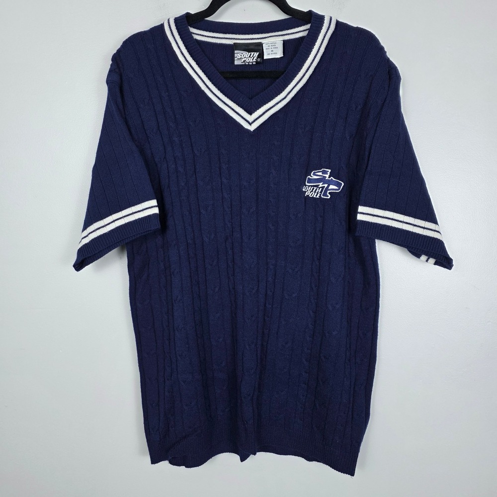 South Pole Mens Cable Knit V Neck Short Sleeve Sweater Navy Blue Style M